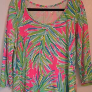 Lilly Pulitzer Pink and Green Leaf Print 3/4 Sleeve Boatneck Dress